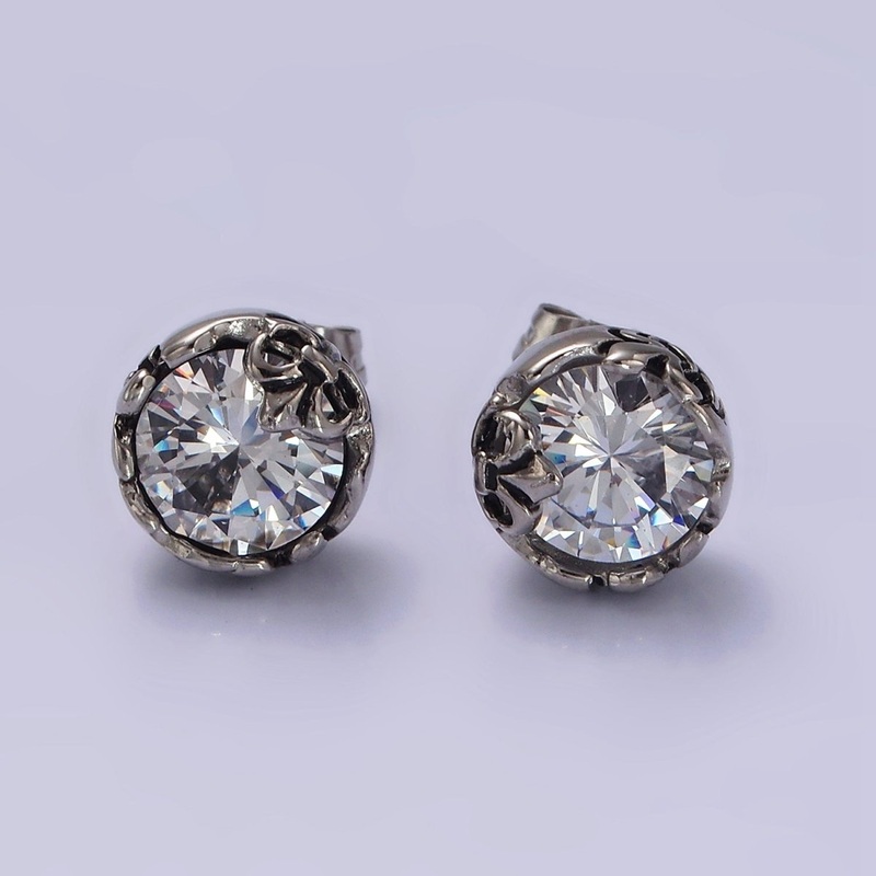 Stainless Steel 10mm Clear Round CZ Fleur De Lis Engraved Stud Earrings | AE690