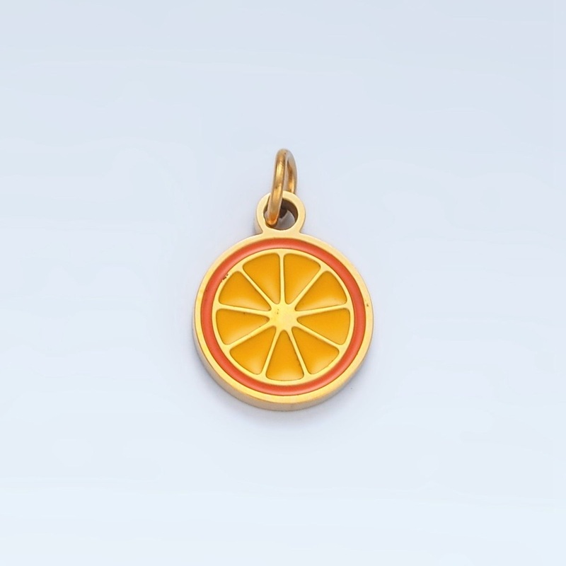 Stainless Steel Mini Orange Fruit Enamel Round Charm | P679