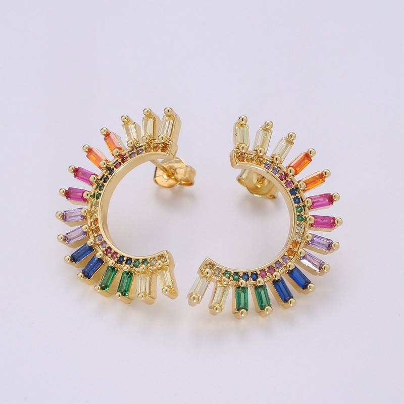 Super Cute Rainbow Studs  Moon Rainbow Earrings  Gold Multi Color Stone Earrings  Fan Studs  Kawaii Style Statement Earring Q-314