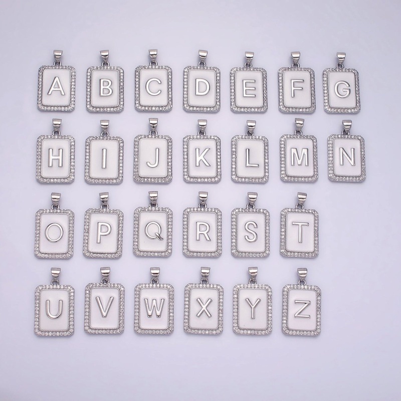 White Gold Filled Initial Letter A-Z White Enamel Micro Paved CZ Personalized Tag Pendant | A-559-A-571 Letter A