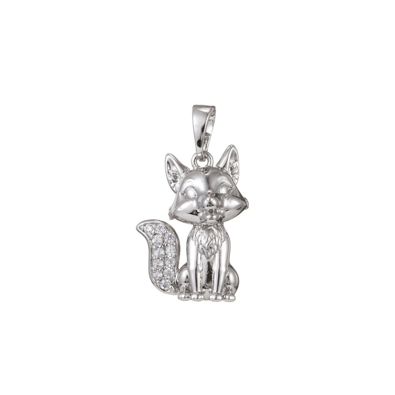 White Gold Filled Micro Pave CZ Cute Fox Pendant Charm, Fox Pendant Charm, White Gold Fox Pendant, For DIY Jewelry I-488