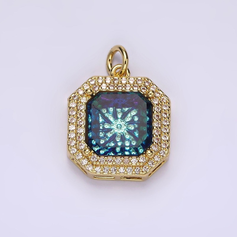 14K Gold Filled Blue Iridescent CZ Micro Paved Hexagonal Charm | AG536