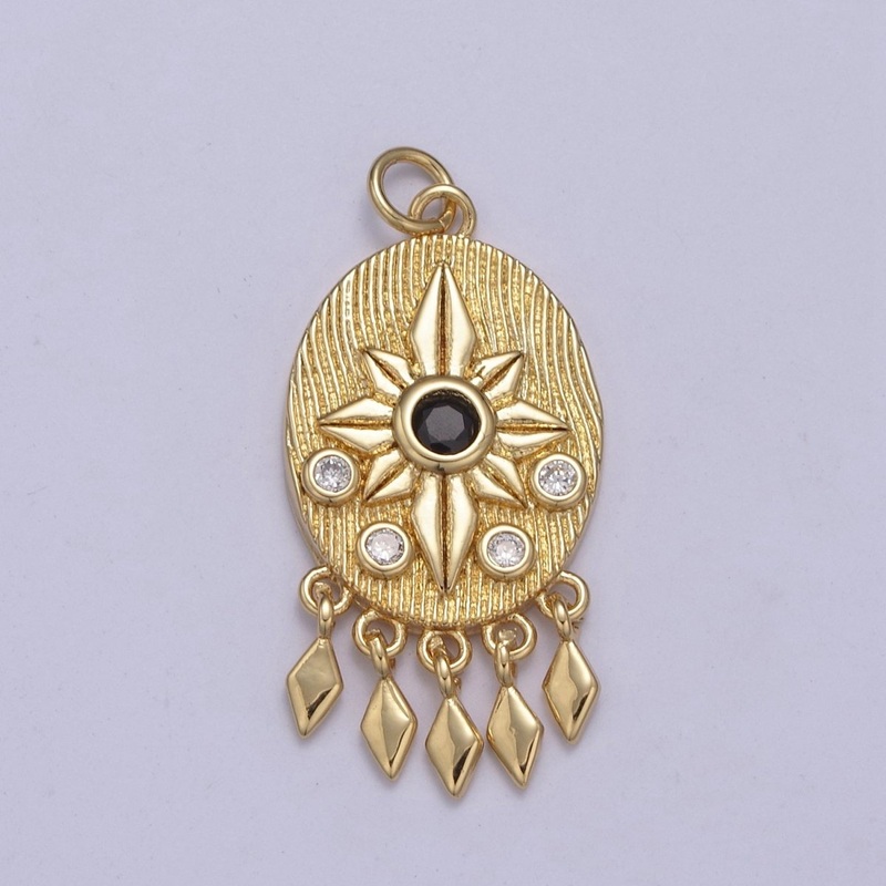 14K Gold Filled Bohemian Lotus Charm With Black Cz Stone Dangle Pendant for Necklace N-350