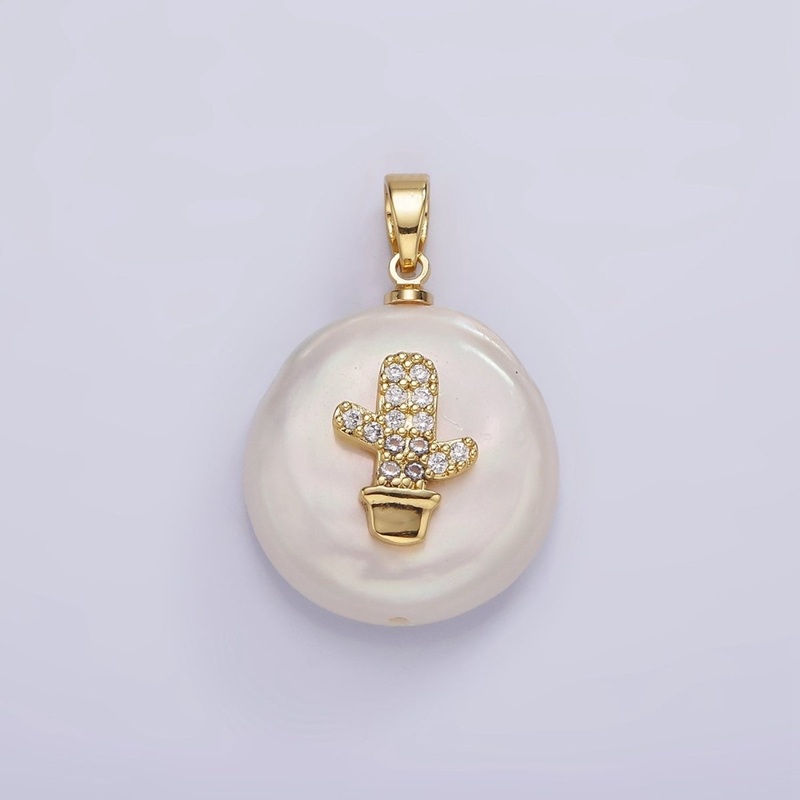 14K Gold Filled Clear Micro Paved CZ Cactus Plant Freshwater Pearl Pendant | P1667