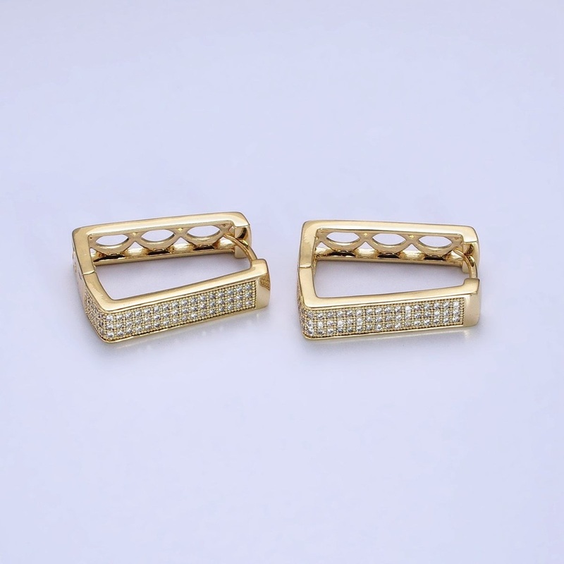 14K Gold Filled Clear Micro Paved CZ Rectangular Geometric Hoop Earrings | AB320