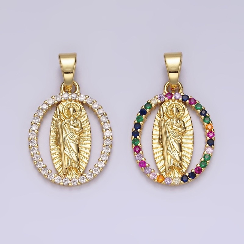 14K Gold Filled Clear, Multicolor CZ Saint Jude Sunburst Open Oval Pendant | N1309 N1310 Clear