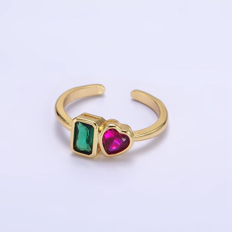 14K Gold Filled Green Baguette Fuchsia Heart Ring | O-580