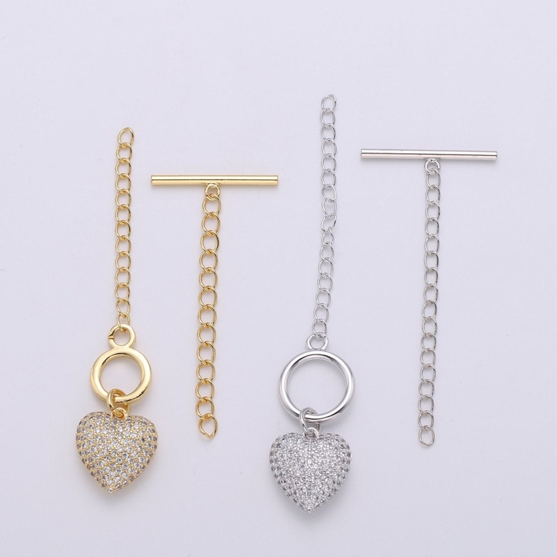 14K Gold Filled Toggle Clasp with CZ On Charm, 22mmx10mm Heart Charm and 10mmx2mm Bar. Extender Chain is 35mm 1.5inches You Can Cut K-454 K-455 Gold