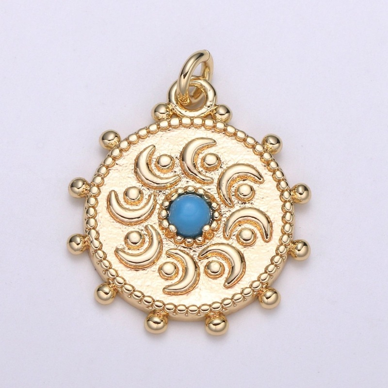 18K Gold Filled Medallion Charm 21.5×17.5mm Vintage Turqouise Pendant, Round Disc charms Minimalist Jewelry for Necklace Component E-144