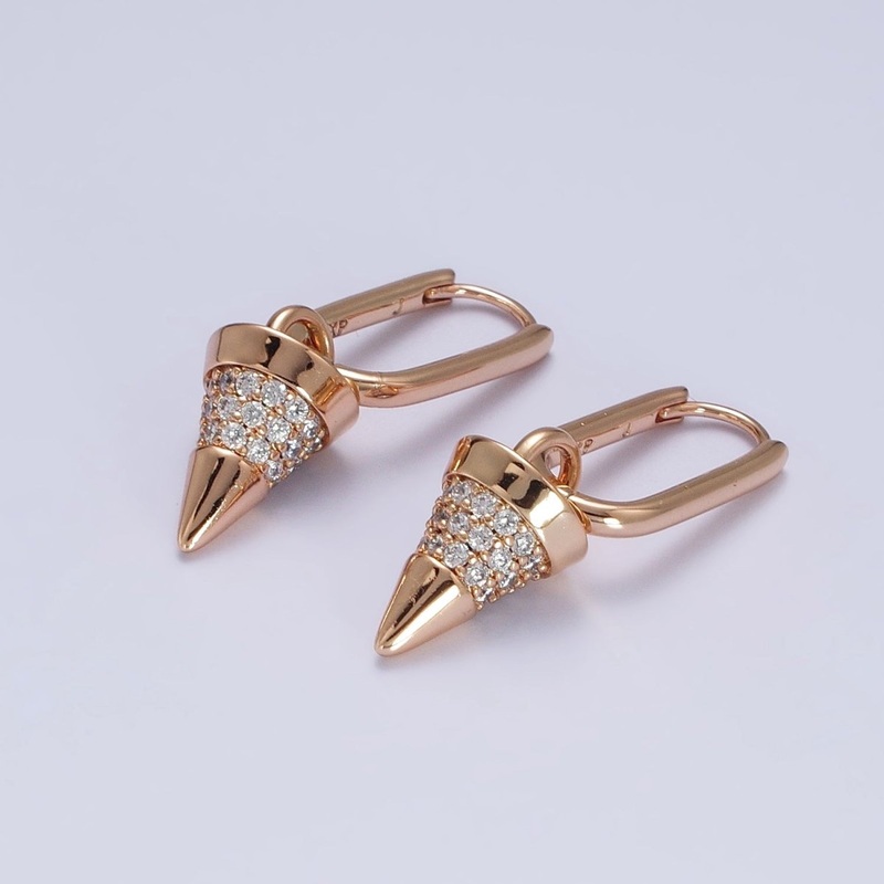 18K Gold Filled Micro Paved CZ Spiked Drop Dangle Oblong Huggie Earrings | AB158