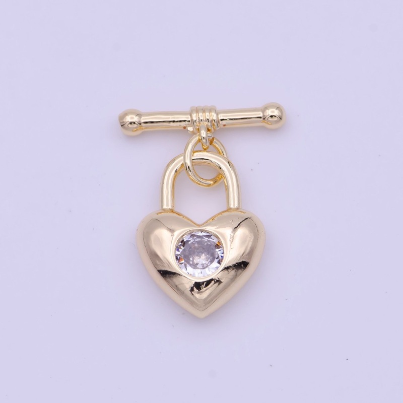 22mm Gold Heart Lock Toggle Clasps Clear, Blue, Red Cubic Zirconia Jewelry Closure | K-096 K-109 K-112 Clear