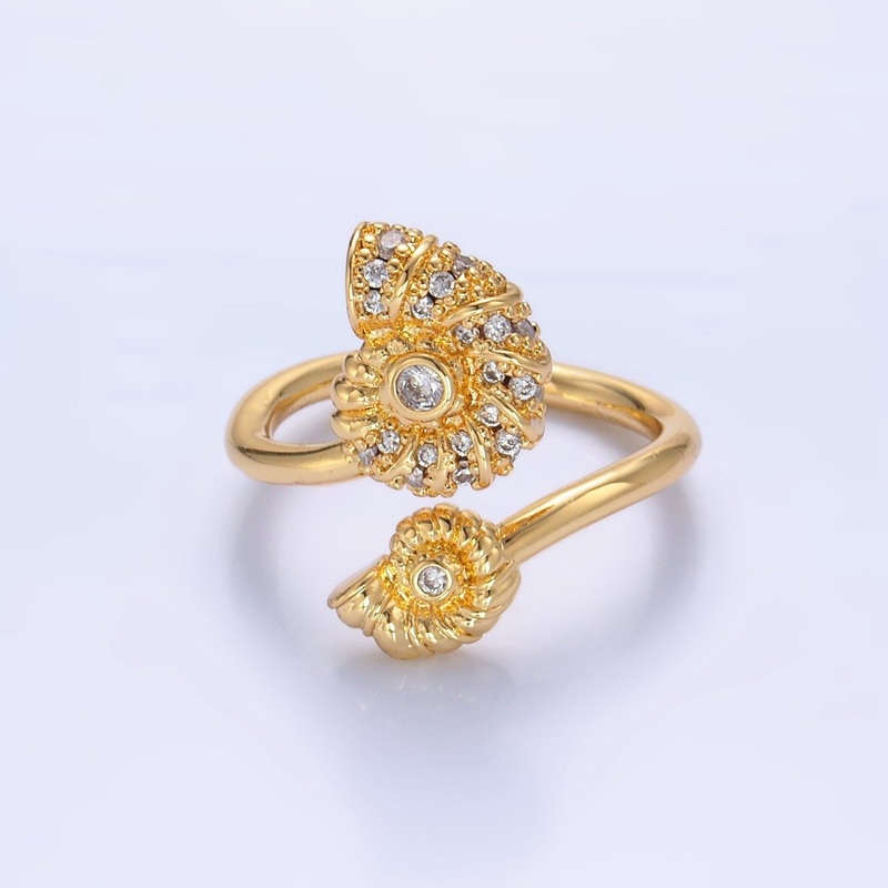 24K Gold Filled Micro Paved CZ Clam Shell Pearl Wrap Ring | U423