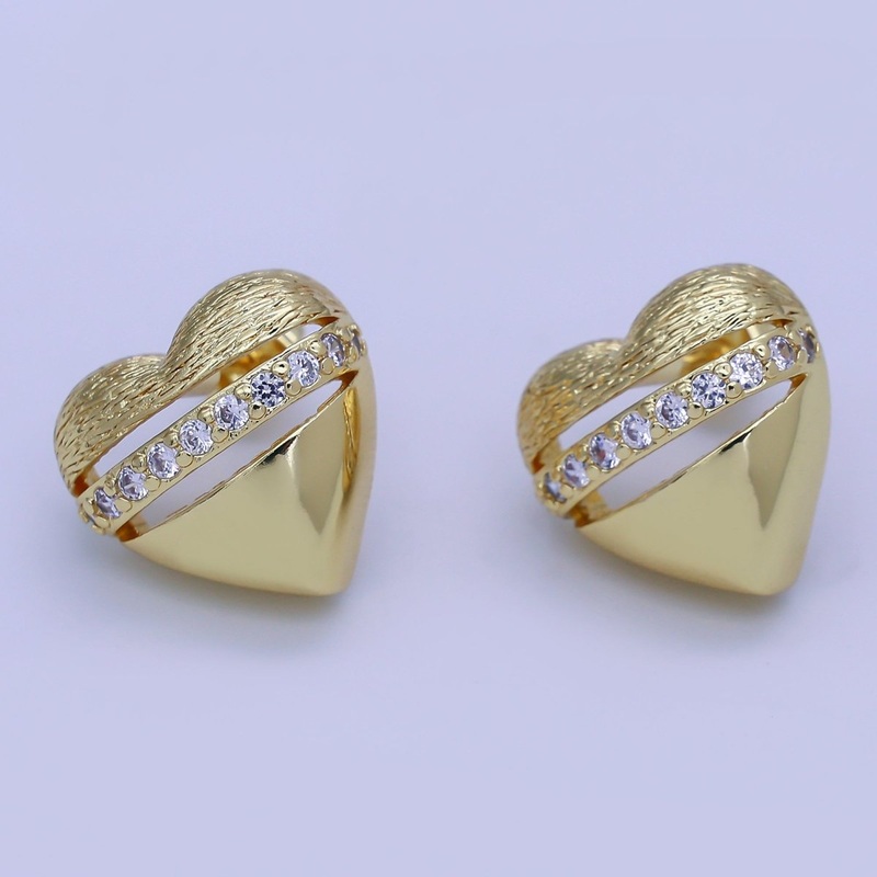 24K Gold Filled Micro Paved CZ Dome Lined Heart Stud Earrings | V154