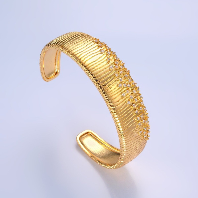24K Gold Filled Micro Paved CZ Ribbed Cuff Bracelet | WA-2683