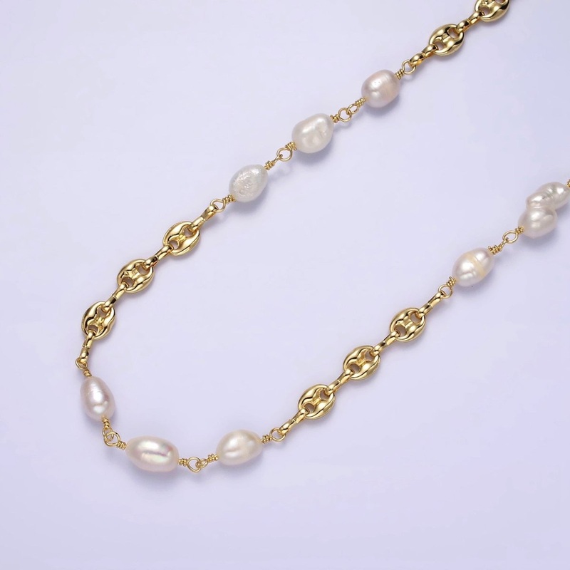 24K Gold Filled Triple Freshwater Pearl Anchor Link Unfinished Jewelry Making Chain | ROLL-1407 Clearance Pricing