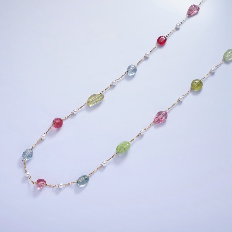 Colorful Gemstone Pearl Beaded Chain on Gold Paperclip Chain by Yard | ROLL-1505