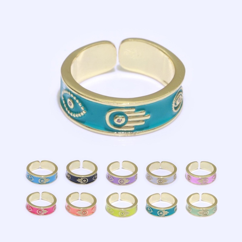 Hamsa Hand Evil Eye Adjustable Ring, 14K Gold Filled Enamel Open Ring Stackable Statement Jewelry O-504 ~ O-513 Blue