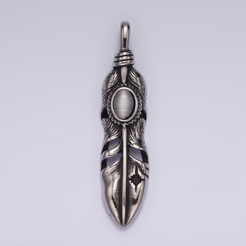 Stainless Steel 49mm Feather Charm Long Statement Boho Oxidized Pendant | P870