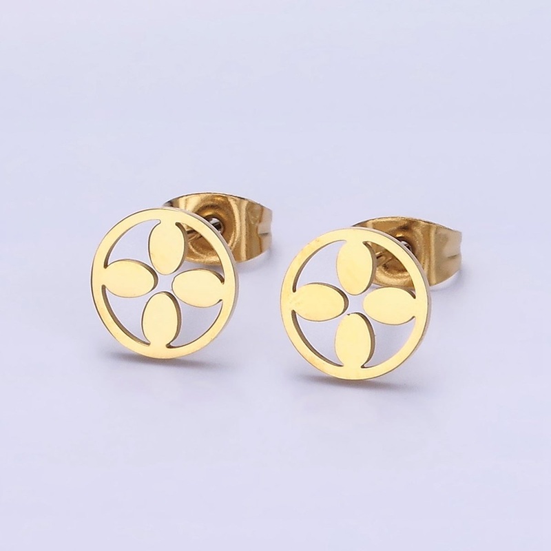 Stainless Steel 9mm Open Flower Quatrefoil Minimalist Round Stud Earrings | AE739