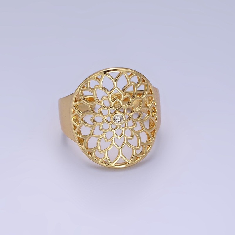 Stainless Steel CZ Open Lotus Flower Filigree Ring | O1305