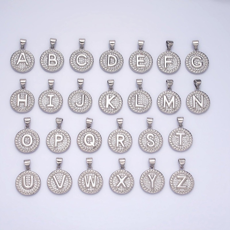 White Gold Filled Initial Letter A-Z Micro Paved Curb Link Round Coin Pendant | A-455-A-467 Letter A