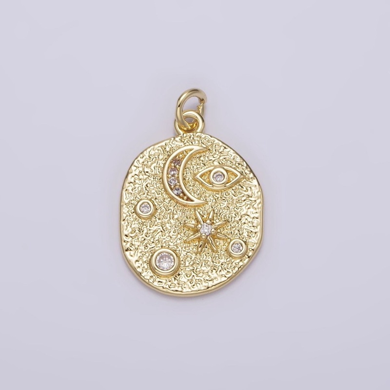 14K Gold Filled 20mm Evil Eye Celestial Crescent Moon Star Hammered Oval Charm | AG-211