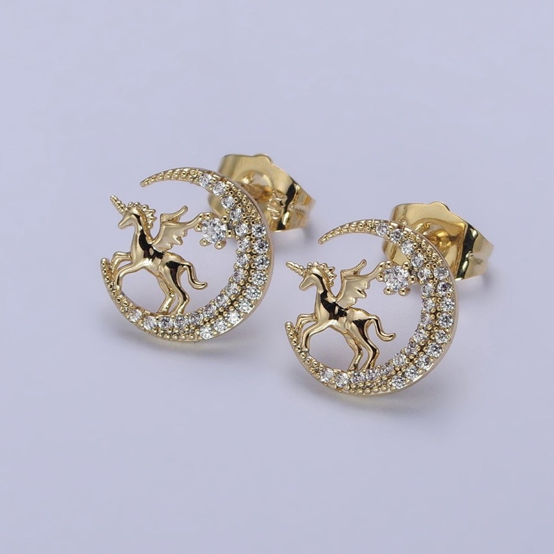 14K Gold Filled Micro Paved CZ Celestial Crescent Moon Pegasus Stud Earrings | AB327