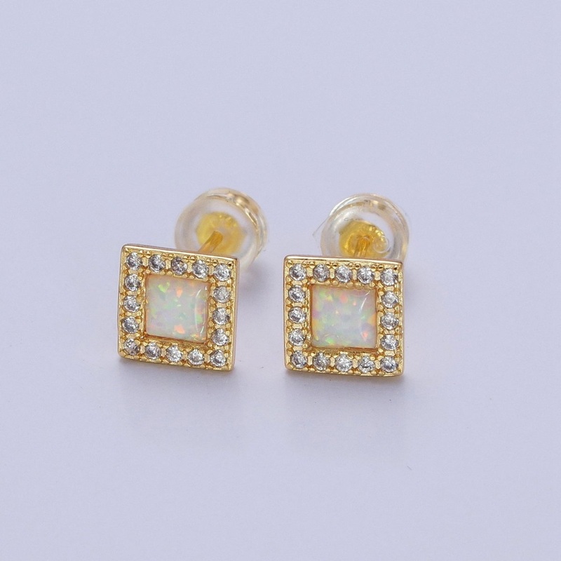 14K Gold Filled White Opal Micro Paved CZ Square Stud Earrings | AD-090