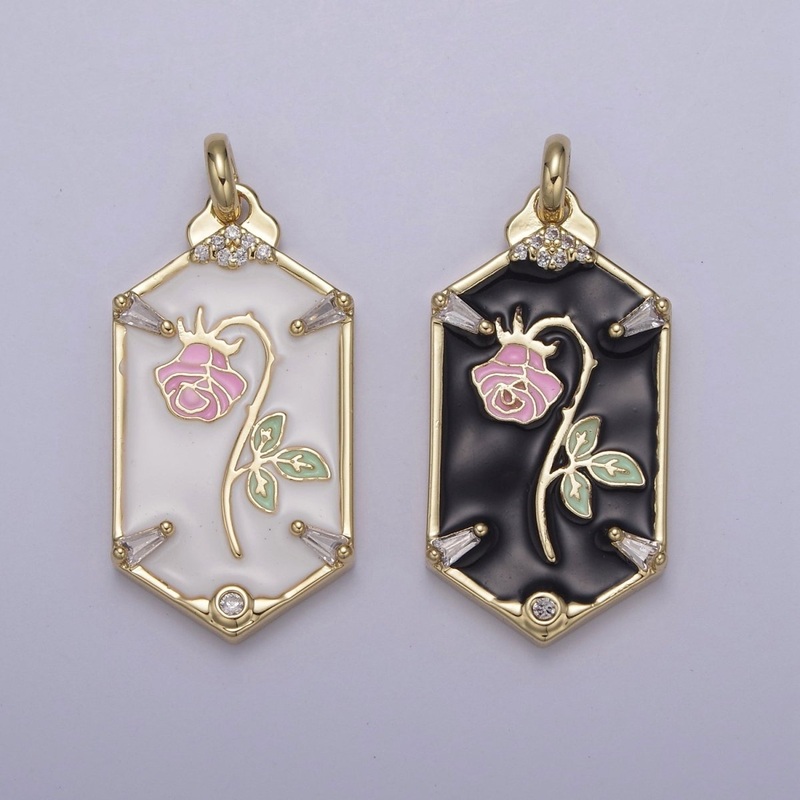 14k Gold Filled Wilted Pink Rose Charm White black Enamel Flower necklace Pendant Belle Beauty and the Beast Floral Bracelet Hexagon Tag Charm N-760 N-762 Black
