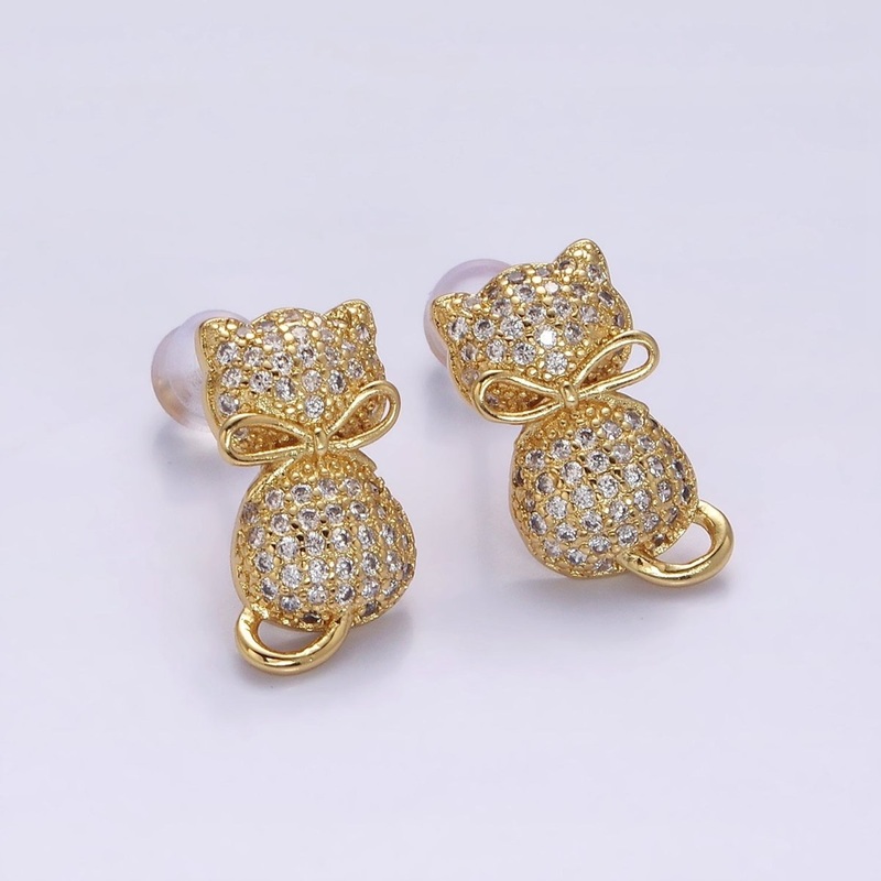 16K Gold Filled Kitty Cat Silhouette Bow Ribbon Micro Paved CZ Stud Earrings | AD-424