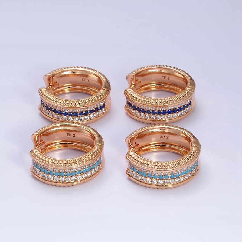 18K Gold Filled Blue, Turquoise Micro Paved CZ 20mm Wide Hoop Earrings | AD1367 Blue