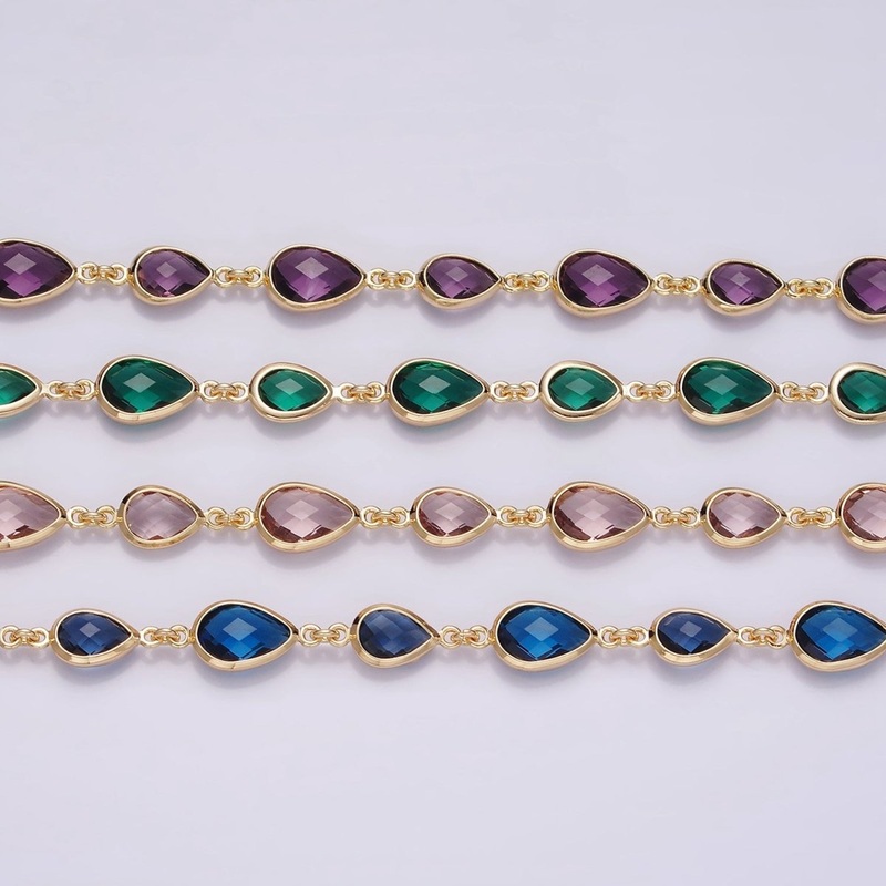 18K Gold Filled Brown, Purple, Blue, Green CZ Multifaceted Teardrop Designed Unfinished Chain | ROLL-1430 to ROLL-1433 Clearance Pricing Borwn