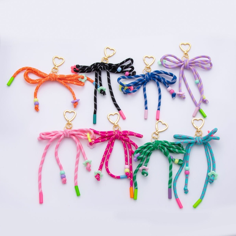 18K Gold Filled Orange, Blue, Purple, Pink, Black Ribbon Bow Cord Heart Bag Charm Keychain Accessories | WB-00028 ~ WB-00034 Orange
