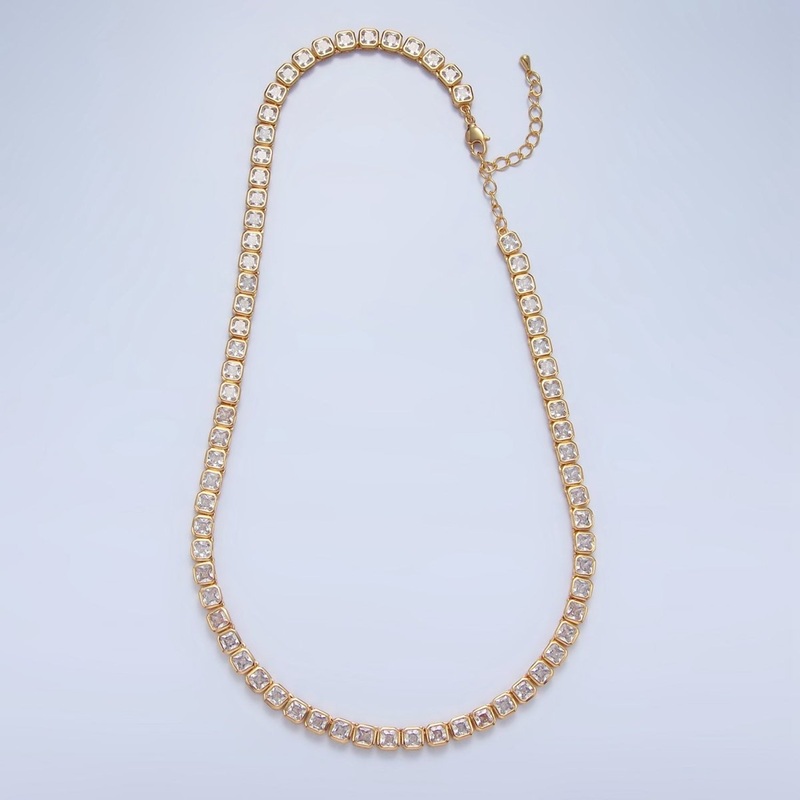 24K Gold Filled 5.3mm Square CZ Tennis Chain 16 Inch Necklace w. Extender | WA-2641