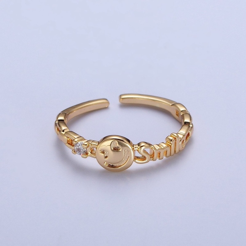 24K Gold Filled Happy Face & Smile Script with Cubic Zirconia Adjustable Gold Ring | U-010