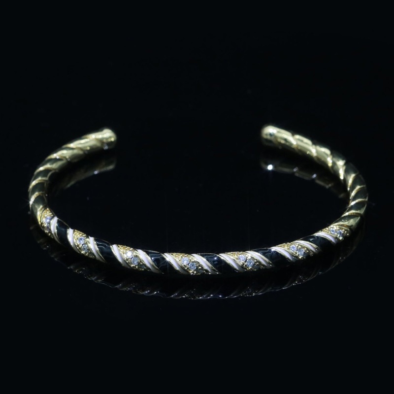 Black Enamel Geometric Swirl Gold Filled Bangle Open Adjustable Bracelet Vintage Style Inspired | WA-114 Clearance Pricing