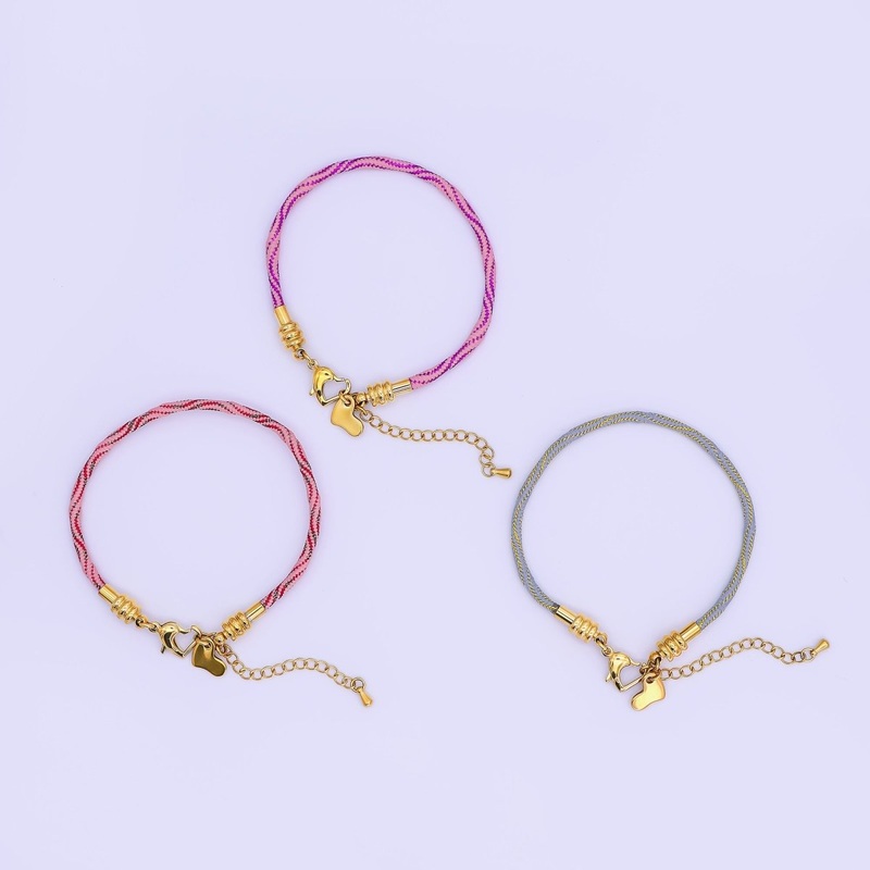 Stainless Steel 3mm Pink, Fuchsia, Grey Multicolor Woven Cord Bracelet | WA-3161 ~ WA-3163 Pink