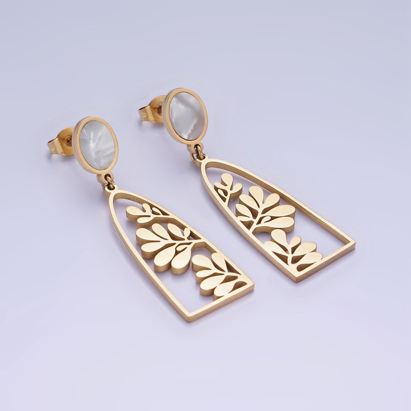 Stainless Steel Open Nature Compound Leaf Shell Pearl Oval Stud Drop Earrings Set | AE461