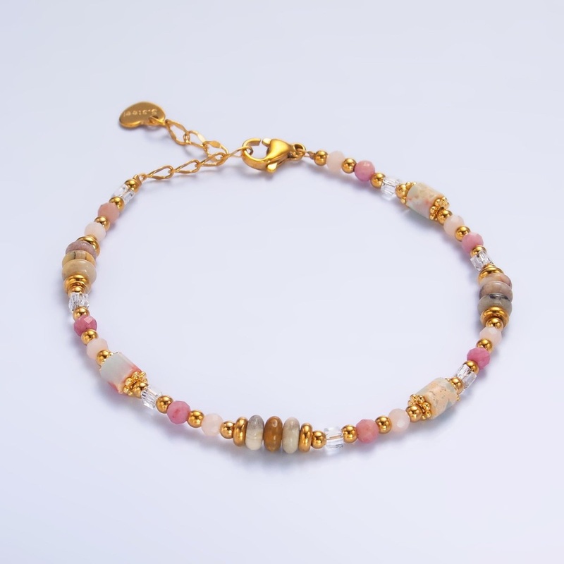 Stainless Steel Pink Rose Quartz Natural Gemstone 7 Inch Bracelet | WA-3130