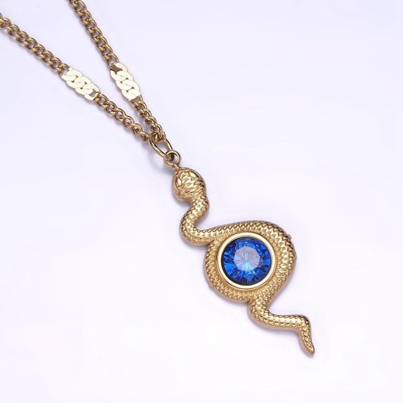 Stainless Steel Textured Snake Blue CZ Charm 17 Inch Unique Curb Chain Necklace | WA-2068 Clearance Pricing