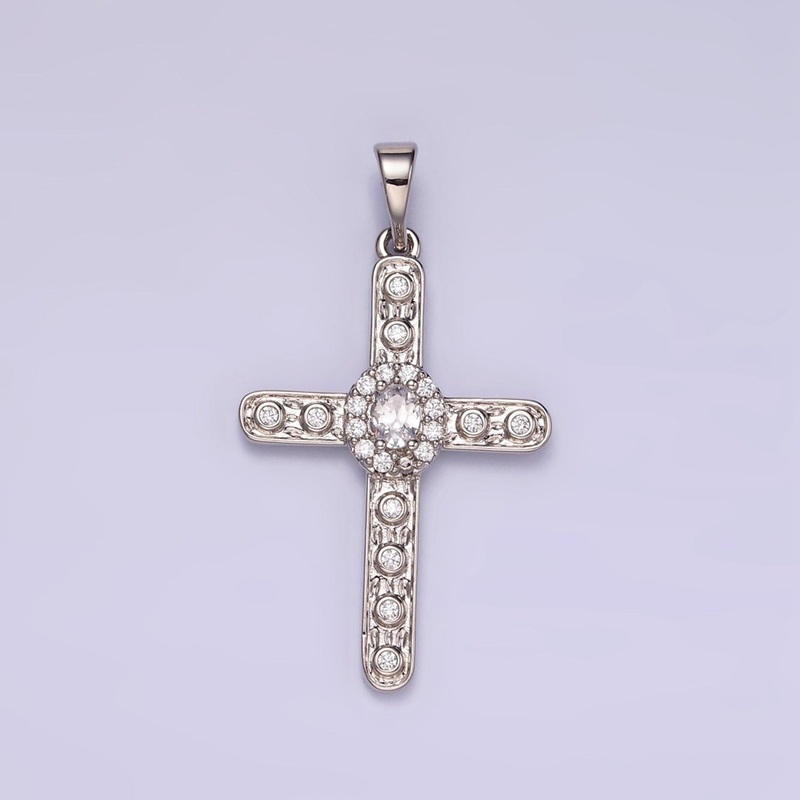 White Gold Filled Clear CZ Micro Paved Dotted Religous Cross Pendant | I364