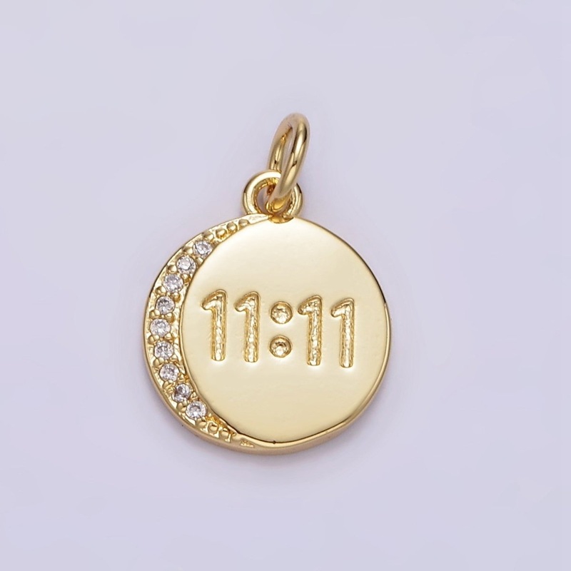 14K Gold Filled “11:11” Number Engraved Micro Paved CZ Crescent Moon Round Charm | N-937