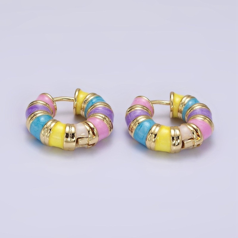 14K Gold Filled 19mm Multicolor Enamel Double Lined Chubby Huggie Earrings | V055