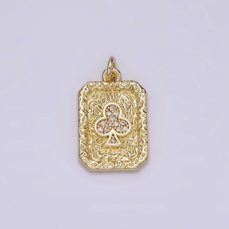 14K Gold Filled Clubs Card Micro Paved CZ Hammered Rectangular Tag Charm | AG272