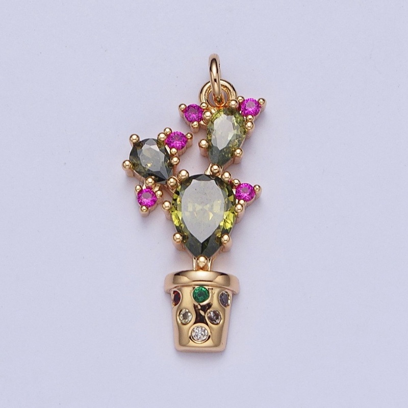 14K Gold Filled CZ Green Cactus Pink Flower Potted Plant Charm AG-091