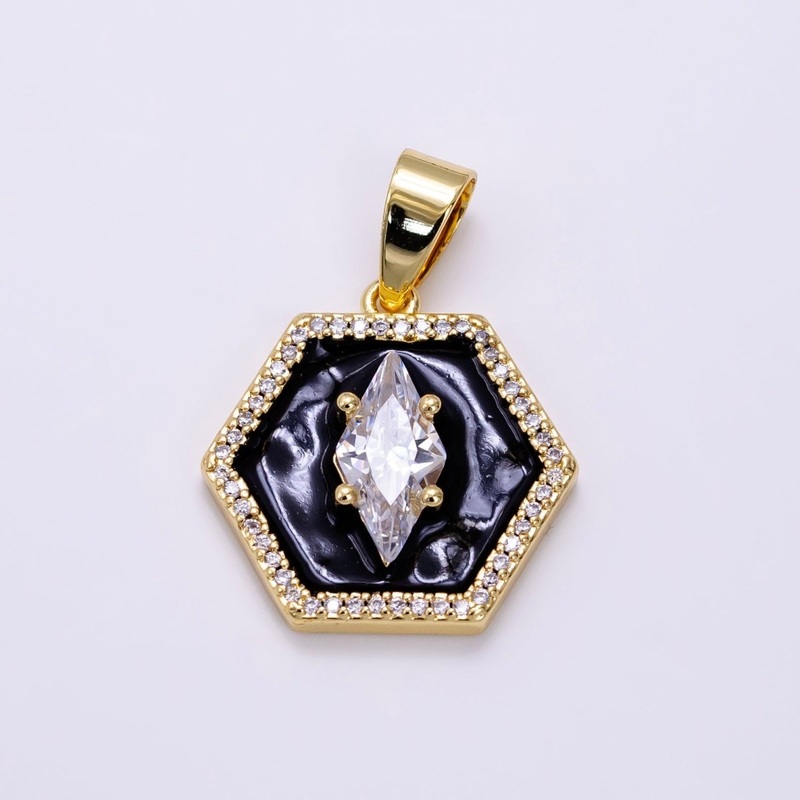14K Gold Filled CZ Marquise Black Enamel Hexagon Pendant | AA1267