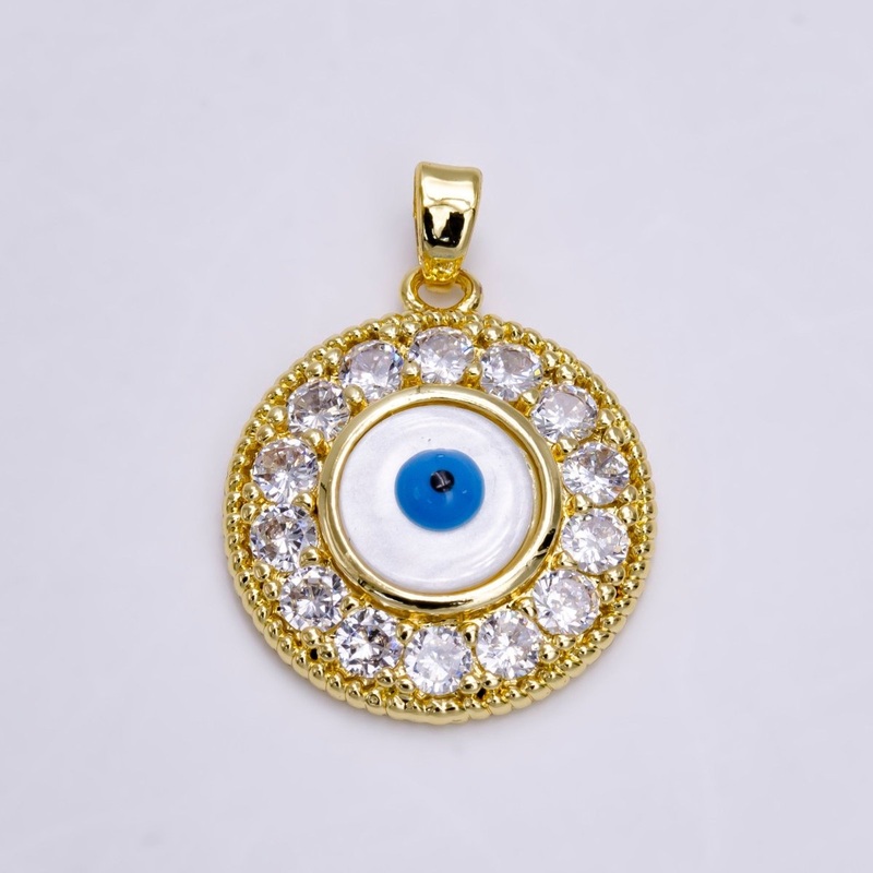 14K Gold Filled Evil Eye Clear Micro Paved CZ Lined Braided Round Pendant | N1463