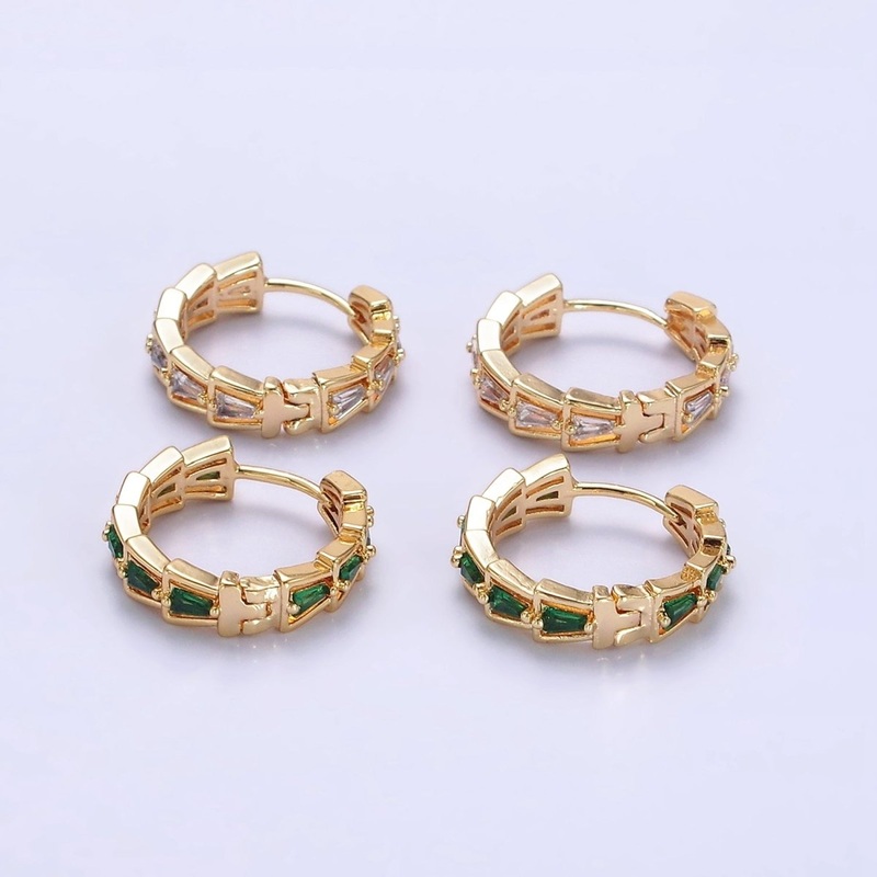 14K Gold Filled Green, Clear Triangle Baguette Lined 19mm Huggie Earrings | AE684 AE685 Green