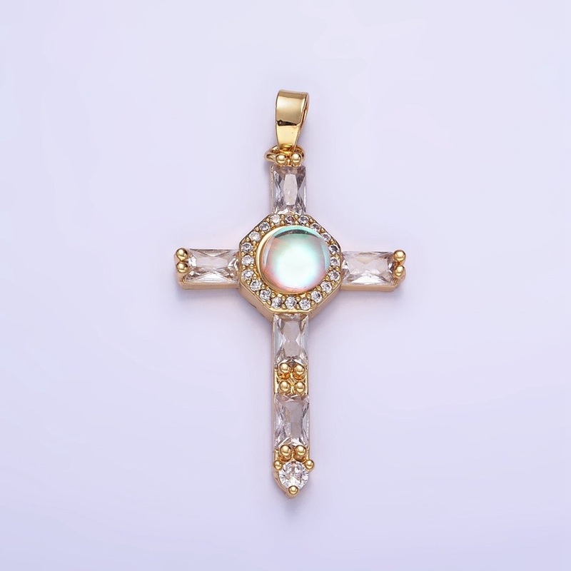 14K Gold Filled Iridescent CZ Micro Paved Baguette Lined Cross Pendant | AA1178
