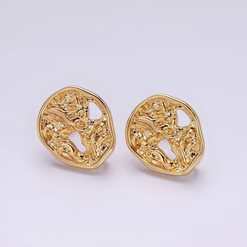 14K Gold Filled Open Molten Hammered Abstract Round Stud Earrings | Z599